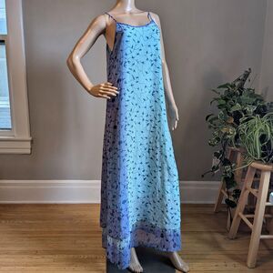 Vintage 90s Y2K Tan-Chho Floral Maxi Dress Oversized Blue Ombre Fairycore OS